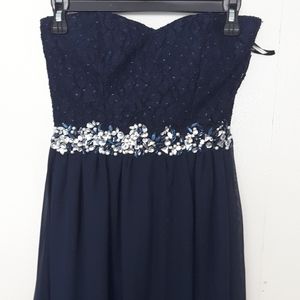 Sparkly Navy Blue Strapless Lace Gown Dress